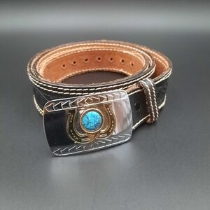 Vintage Caldwell Browning Tooled Leather Belt Size 44 with Turquoise Buckle